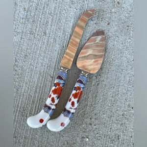 Vintage PRILL Sheffield England Red White Blue Enamel Handle (2) PC Serving Set